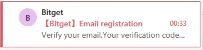 Bitget Email registration message at the top of an email inbox