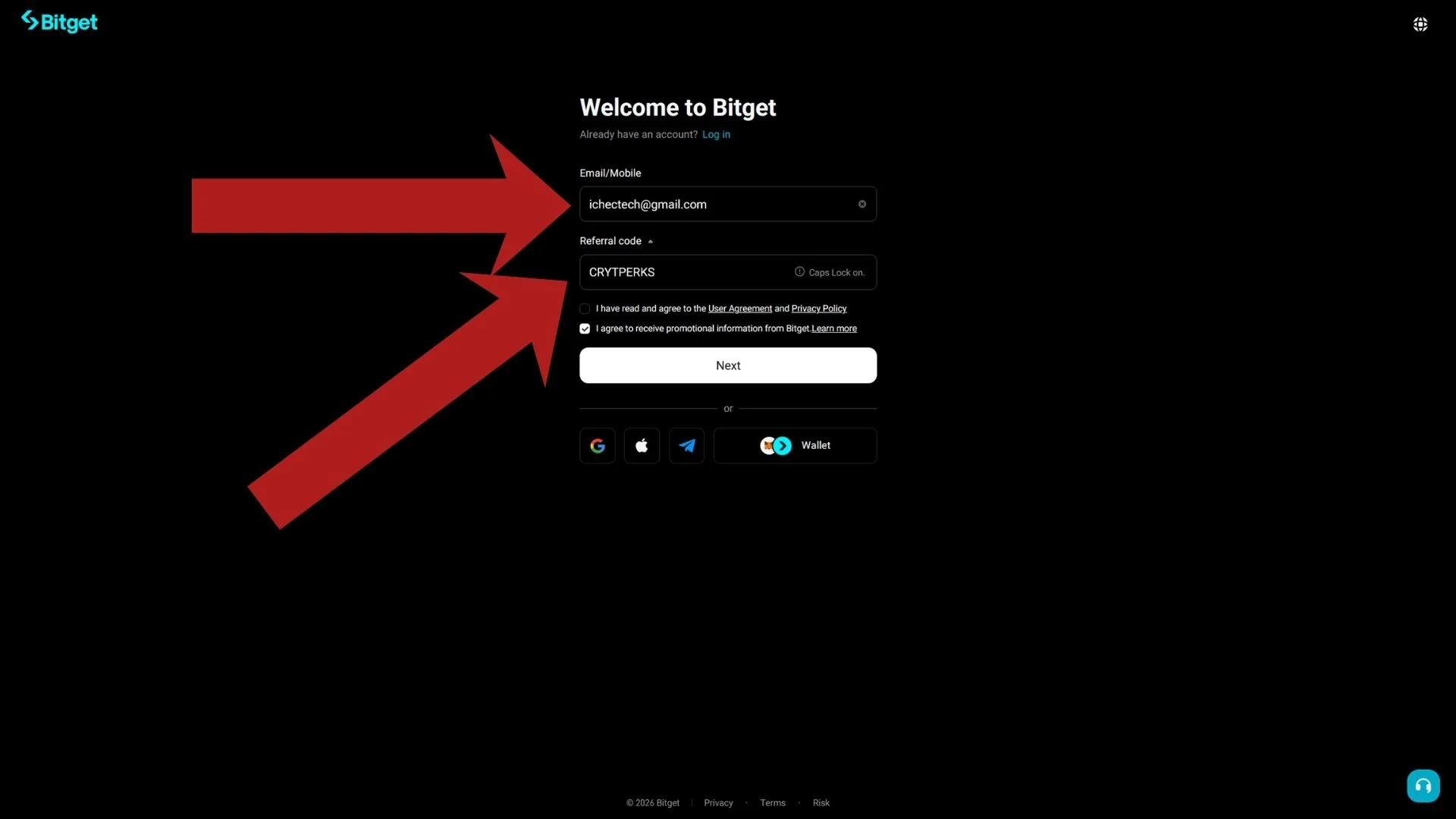 Bitget sign-up form with email entered and referral code cryptperks filled in