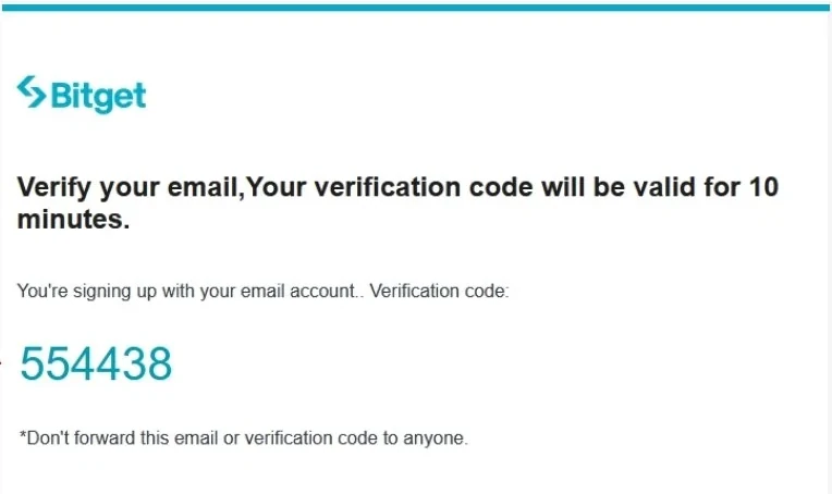 Bitget verification email showing the 6-digit code valid for 10 minutes