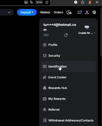 MEXC profile dropdown menu with the Identification option highlighted