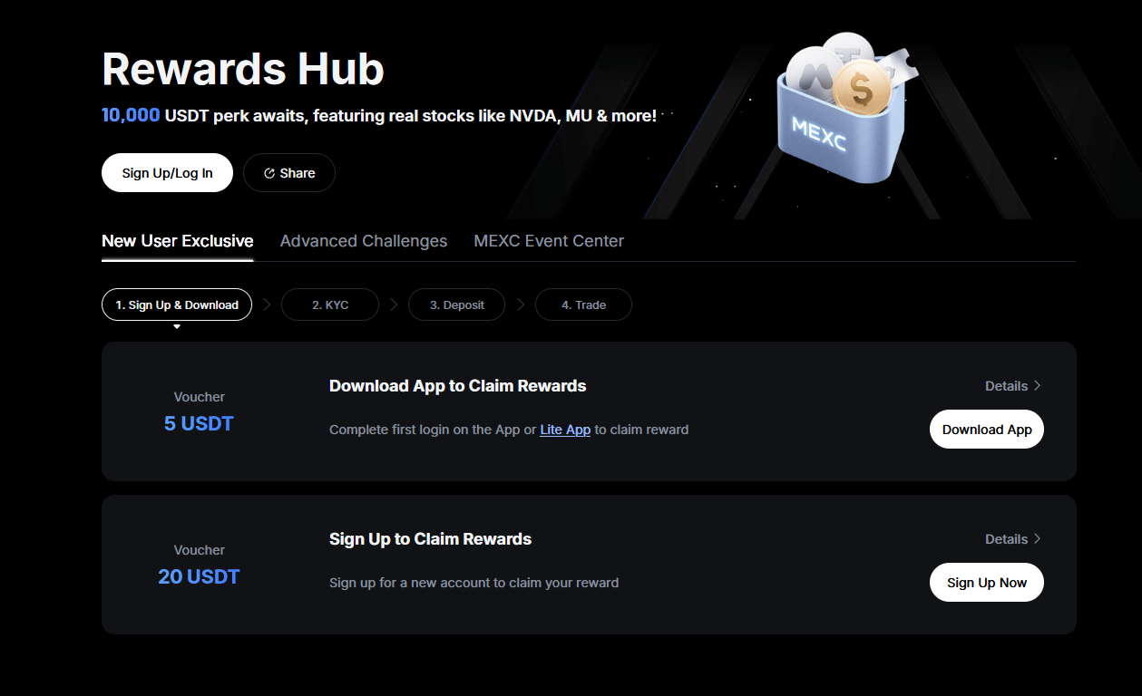MEXC Rewards Hub showing Sign Up 20 USDT and Download App 5 USDT tasks
